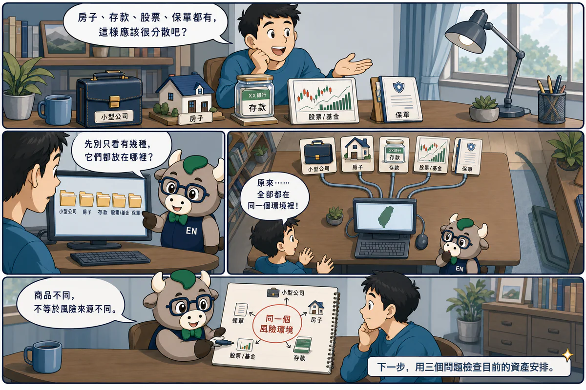EN 牛引導讀者辨識資產種類不同但風險來源仍可能集中的四格漫畫