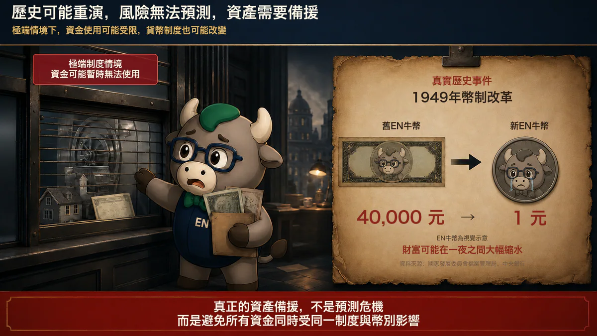以 1949 年幣制改革說明單一制度與幣別集中風險的情境圖