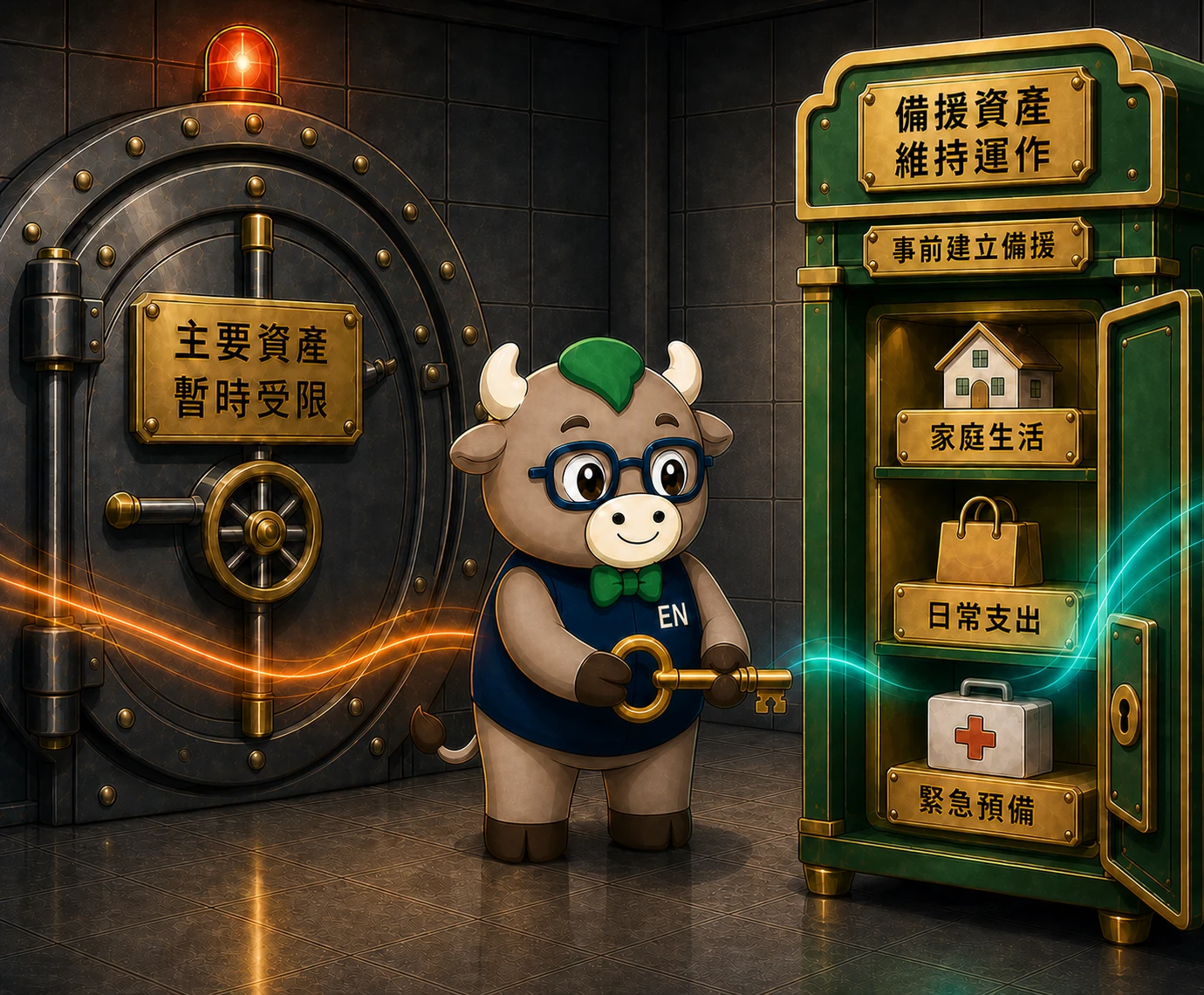 EN 牛在資產受限的保險庫旁，開啟供家庭生活與緊急預備使用的備援資產櫃