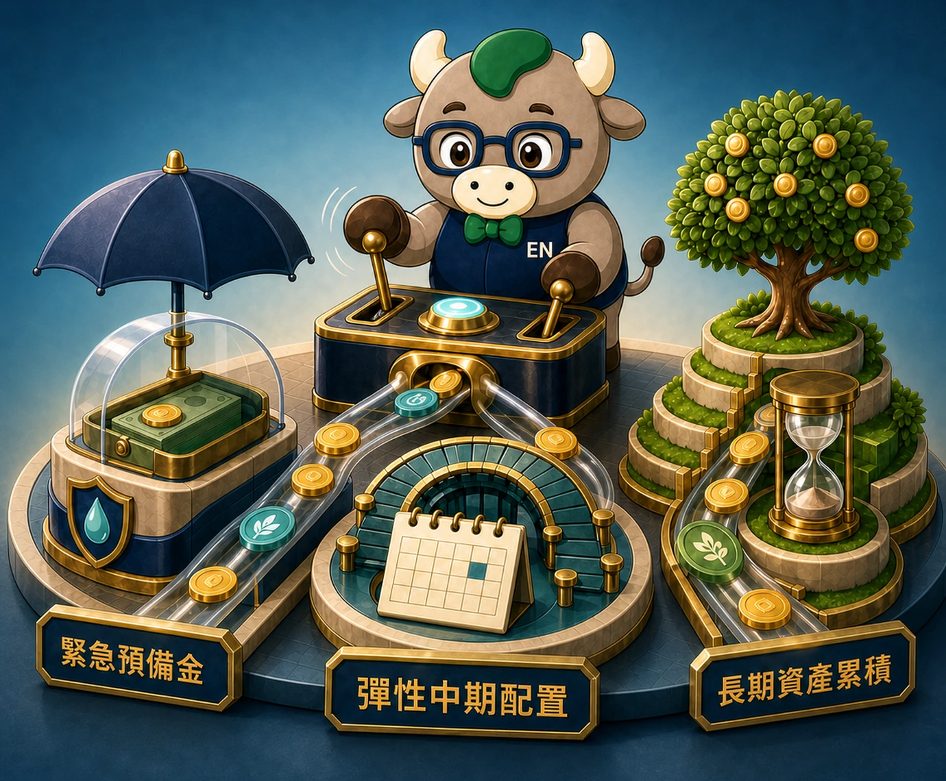 EN 牛操作資金配置控制台,呈現緊急預備金、彈性中期配置與長期資產累積